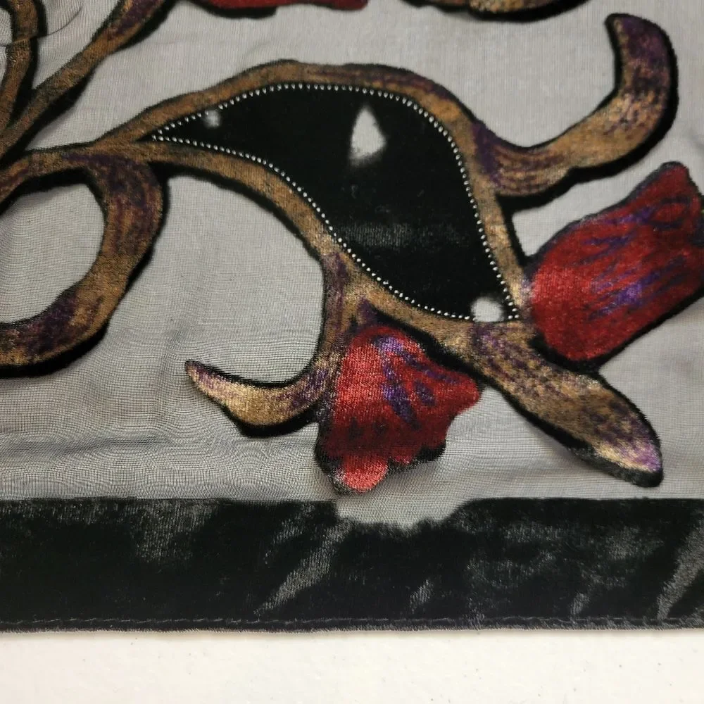 Burnout Velvet Black and Red Floral Scarf with Genuine Fur Pompoms